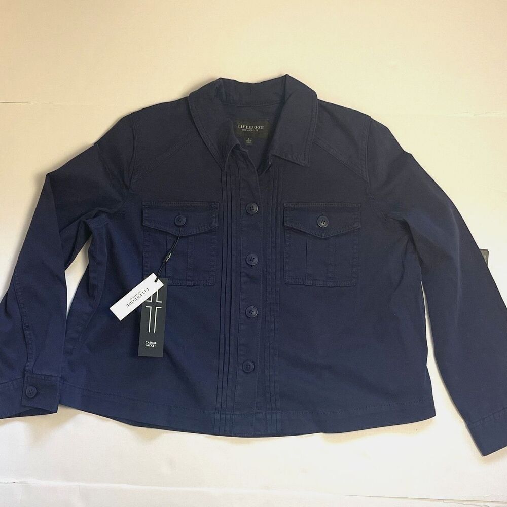 Liverpool Womens Navy Blue Shacket Sz S Button Up Cotton Blend Minimalist Casual - Picture 5 of 13